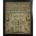 Adam and Eve sampler, dated 1798, in ebonised frame, together with a smaller sampler and a religious