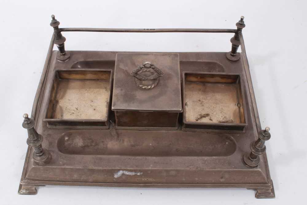 Victorian silver desk ink stand of rectangular form with a pair of silver mounted cut glass inkwells - Image 2 of 9