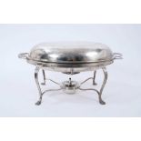 George III silver entree dish of oval form, and Edwardian silver spirit burner and frame.