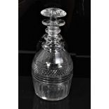 Georgian cut glass ring neck decanter with facet cut decoration and mushroom stopper, 24.5cm overall