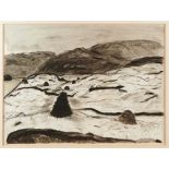 *Elizabeth Blackadder charcoal, pen and ink and monochrome washes, Peat Stacks at Loch Collam, Isle