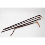 19th century Anglo-Chinese silver mounted ebony cane cane, two other canes and riding crop