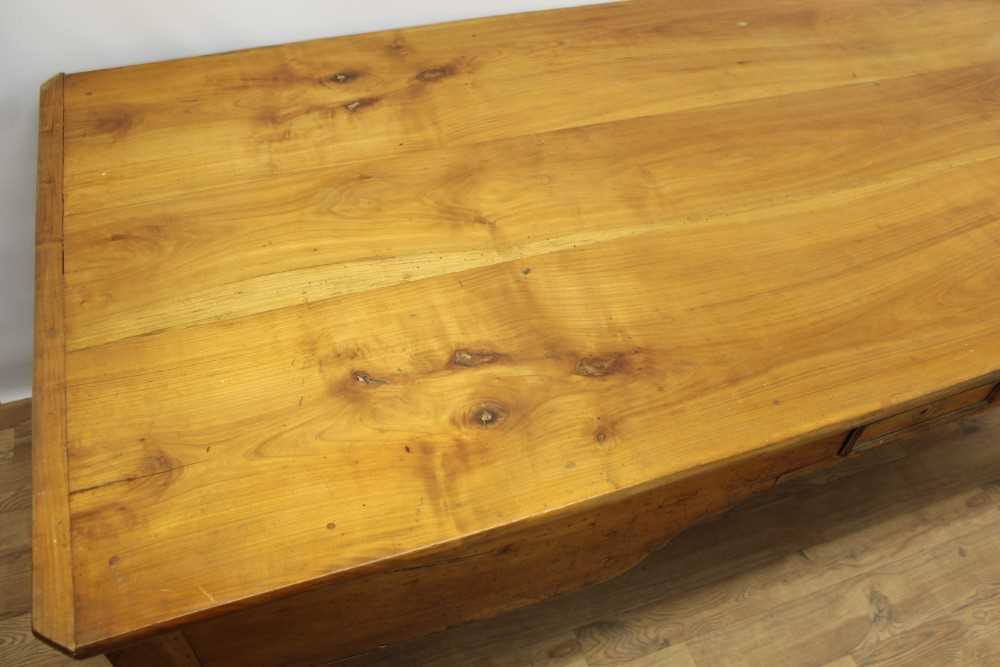 19th century French fruitwood farmhouse table, canted rectangular plank top over end deep drawers an - Image 3 of 5