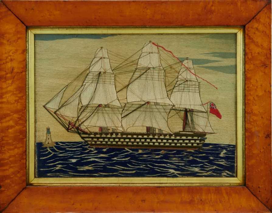 Good pair of 19th century sailor's woolworks of ships in maple frames, 51.5 x 65.5cm including frame