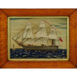Good pair of 19th century sailor's woolworks of ships in maple frames, 51.5 x 65.5cm including frame