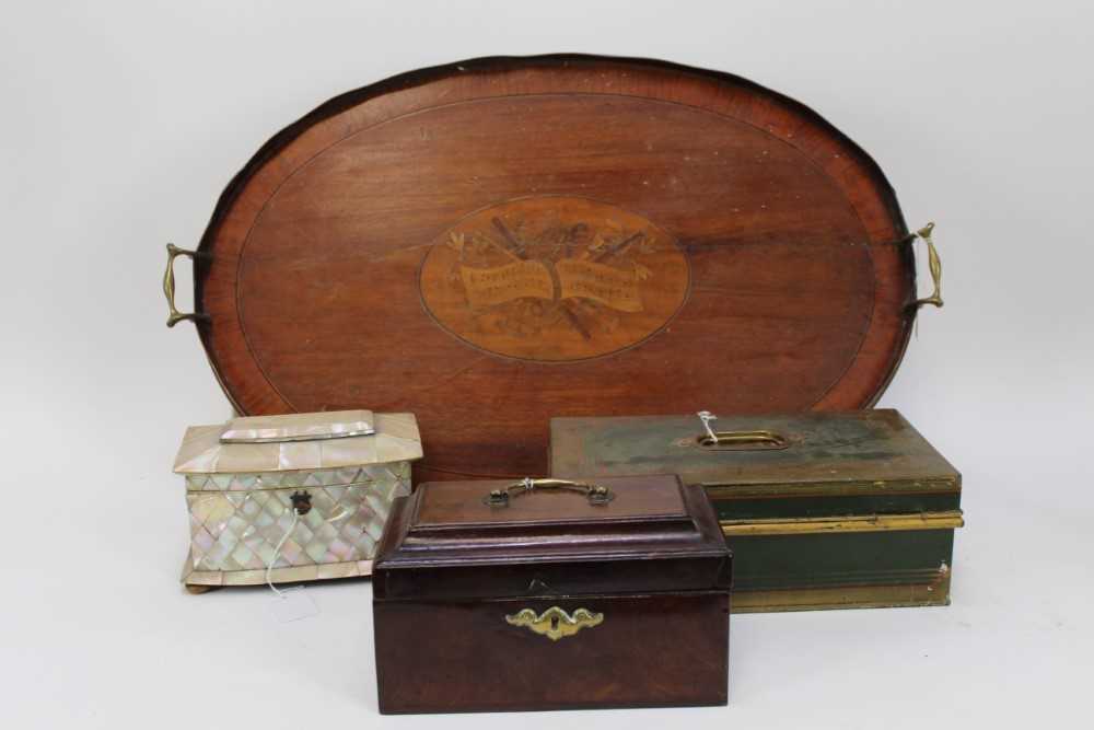 Large 19th century mahogany inlaid tray, together with a Victorian mahogany stationery box, a mother