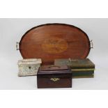 Large 19th century mahogany inlaid tray, together with a Victorian mahogany stationery box, a mother