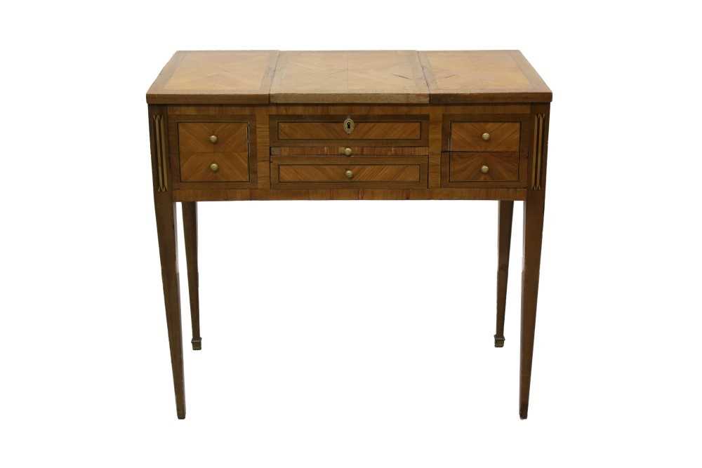 Late 18th / early 19th century French kingwood dressing table, quarter-veneered top hinging to revea