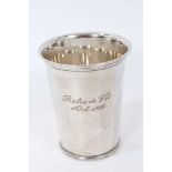 Dutch silver beaker of tapered form with flared rim and engraved inscription.