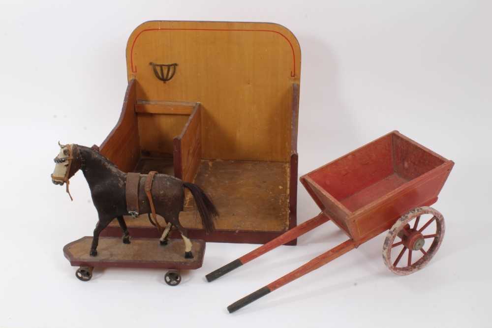 19th century folk art carved and painted wooden horse, cart and stable