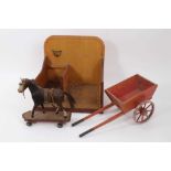 19th century folk art carved and painted wooden horse, cart and stable