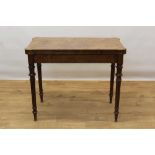 Rare Victorian burr walnut card table by Gillow & Co, rectangular fold over top with projecting angl