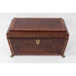 George III mahogany inlaid sarcophagus shape tea caddy with rosewood crossbanding and inlaid brass s