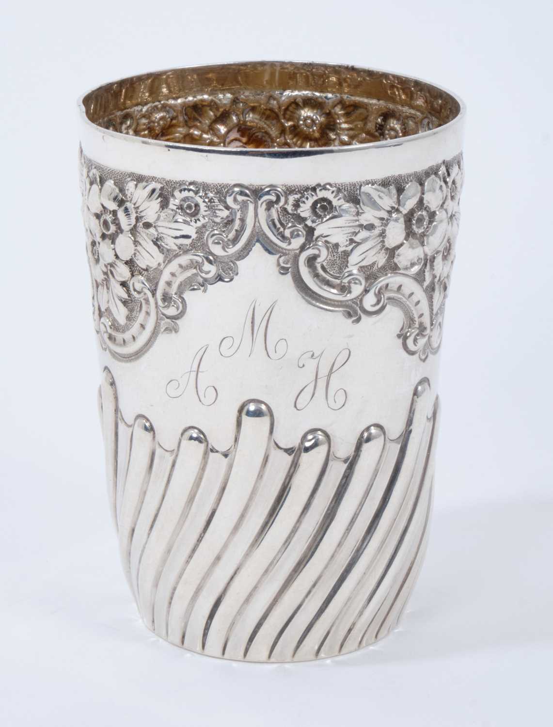 Victorian silver beaker with half fluted and embossed floral decoration