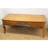 19th century French fruitwood farmhouse table, canted rectangular plank top over end deep drawers an