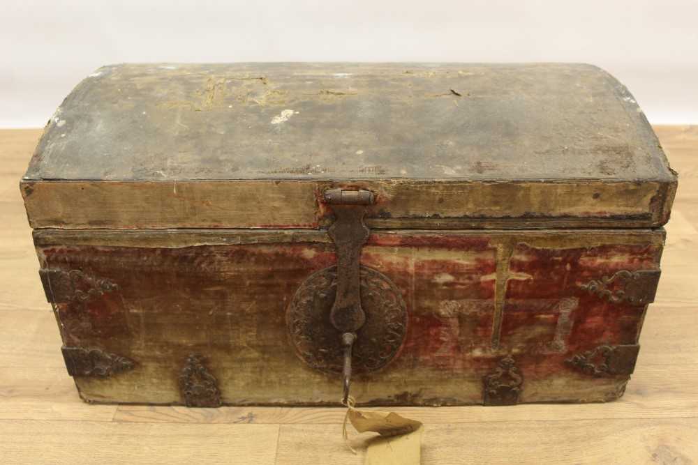 Good 17th century velvet upholstered dome top trunk with iron strap work mounts Provenance: Remov - Image 3 of 10