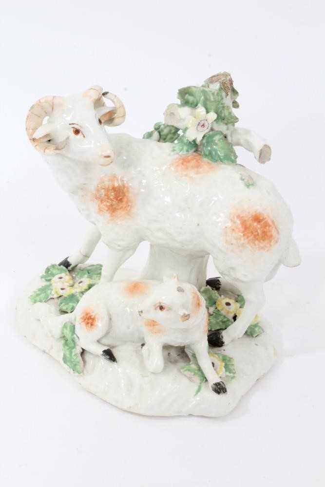 Derby group of a sheep and a lamb, circa 1760, decorated in enamels, 13cm high