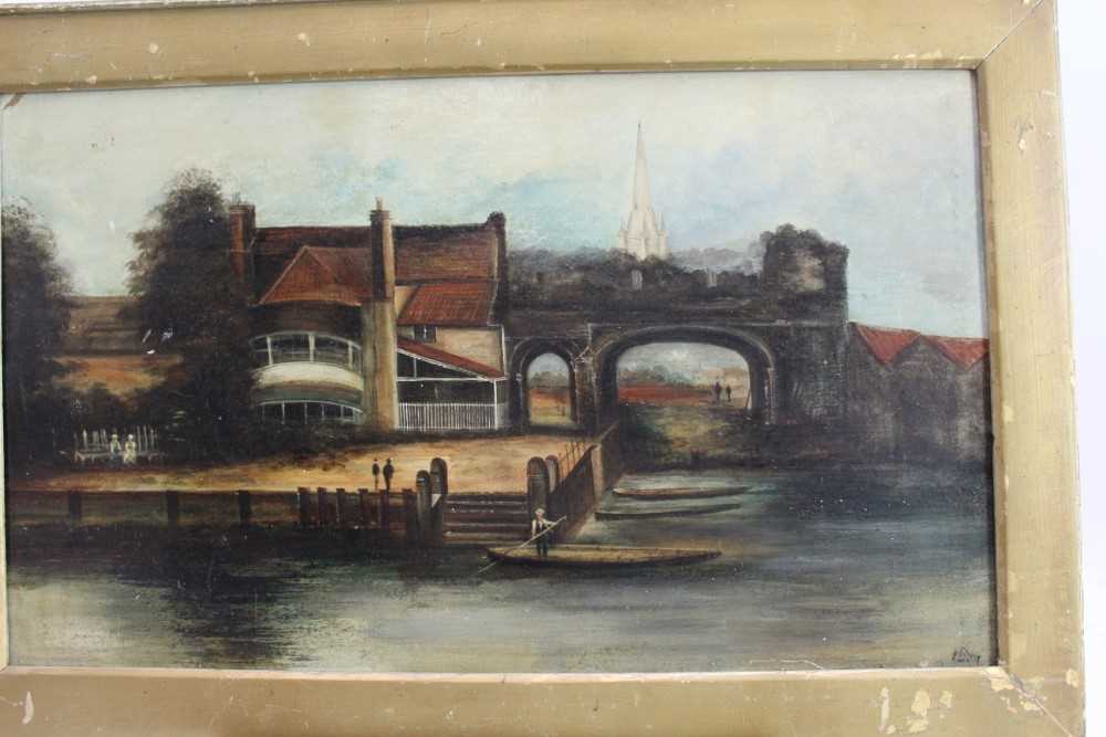 Norwich School 19th century, "A View of Pulls Ferry, the Cathedral Beyond", oil on board, indistinct - Image 4 of 6