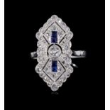 Art Deco diamond and sapphire cocktail ring with geometric plaque