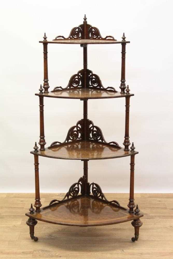 Victorian inlaid burr walnut veneered bow front four tier corner whatnot with finely pierced scroll