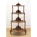 Victorian inlaid burr walnut veneered bow front four tier corner whatnot with finely pierced scroll