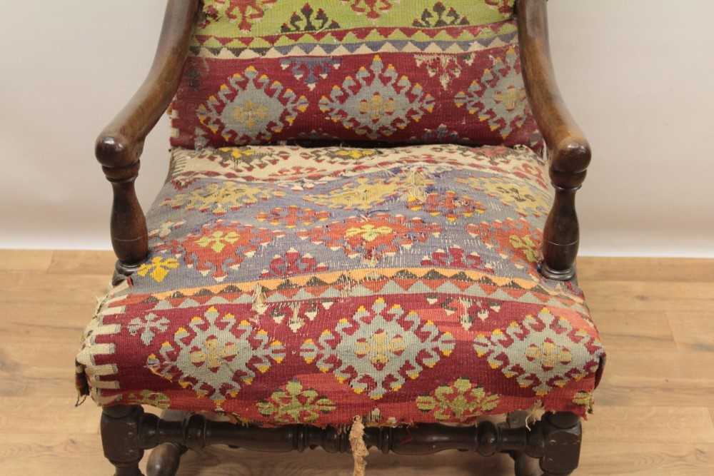 Good 17th century walnut armchair, the arched back and seat with Kelim upholstery on turned and bloc - Image 3 of 4