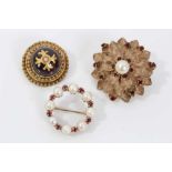 Pearl and garnet wreath brooch and two others