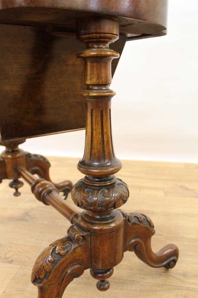 Victorian inlaid burr walnut veneered needlework table with quarter-veneered inlaid burr walnut top, - Image 6 of 7