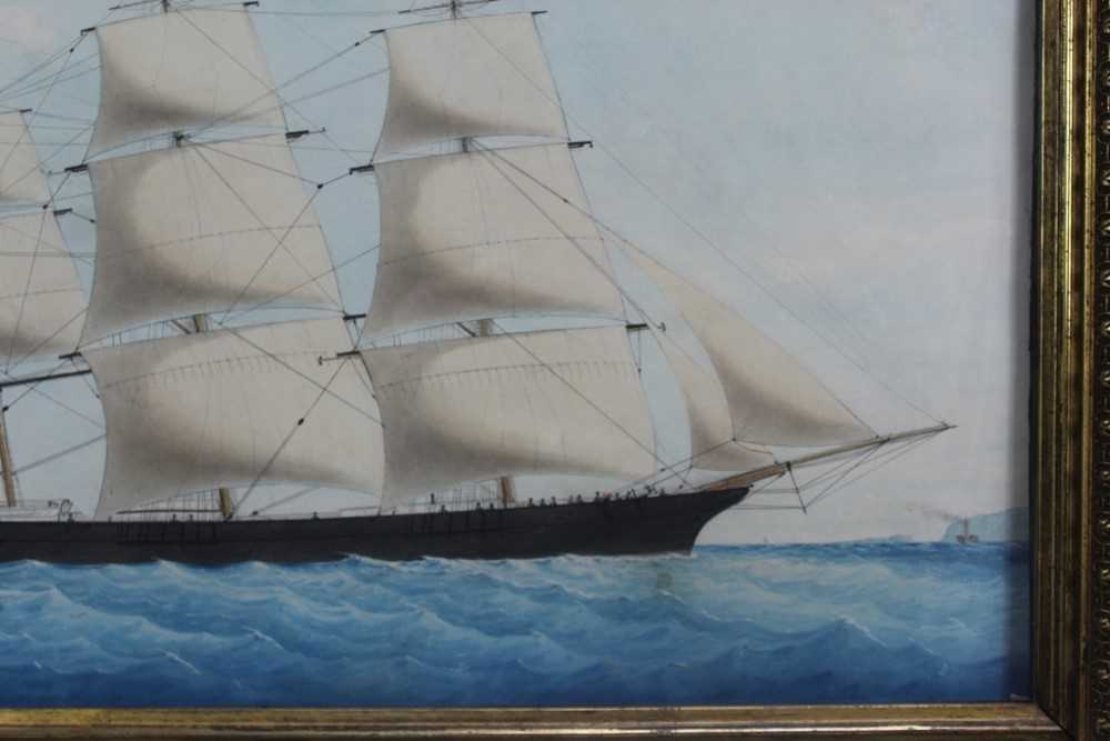 Mid 19th century watercolour - an East Indiaman at sea, titled verso with original text 'Assaye, Eas - Image 3 of 9