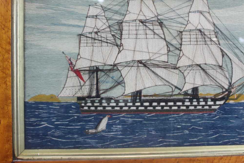 Good pair of 19th century sailor's woolworks of ships in maple frames, 51.5 x 65.5cm including frame - Image 9 of 17