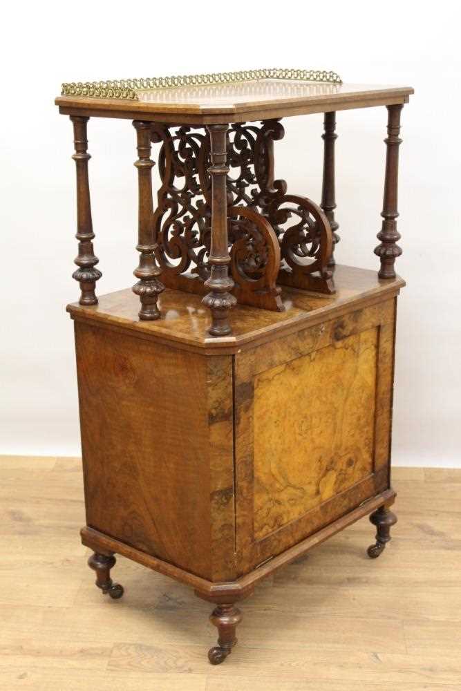 Victorian inlaid burr walnut veneered Canterbury with pierced brass galleried top, pierced divisions - Image 3 of 6