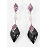Pair of diamond, black onyx and pink sapphire pendant earrings