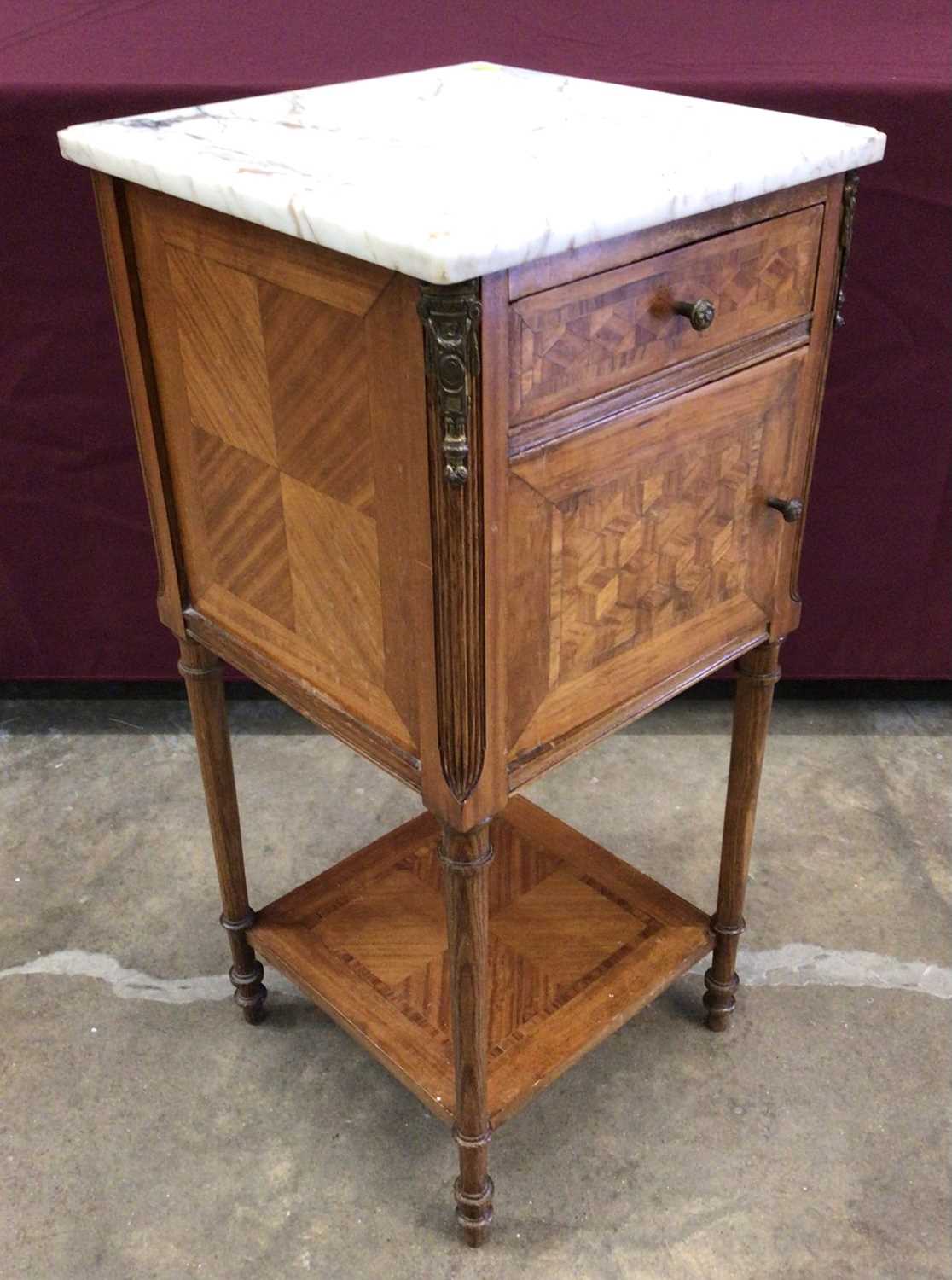 Early 20th century French parquetry bedside cupboard with marble top and unusual ceramic liner fitte - Image 4 of 7