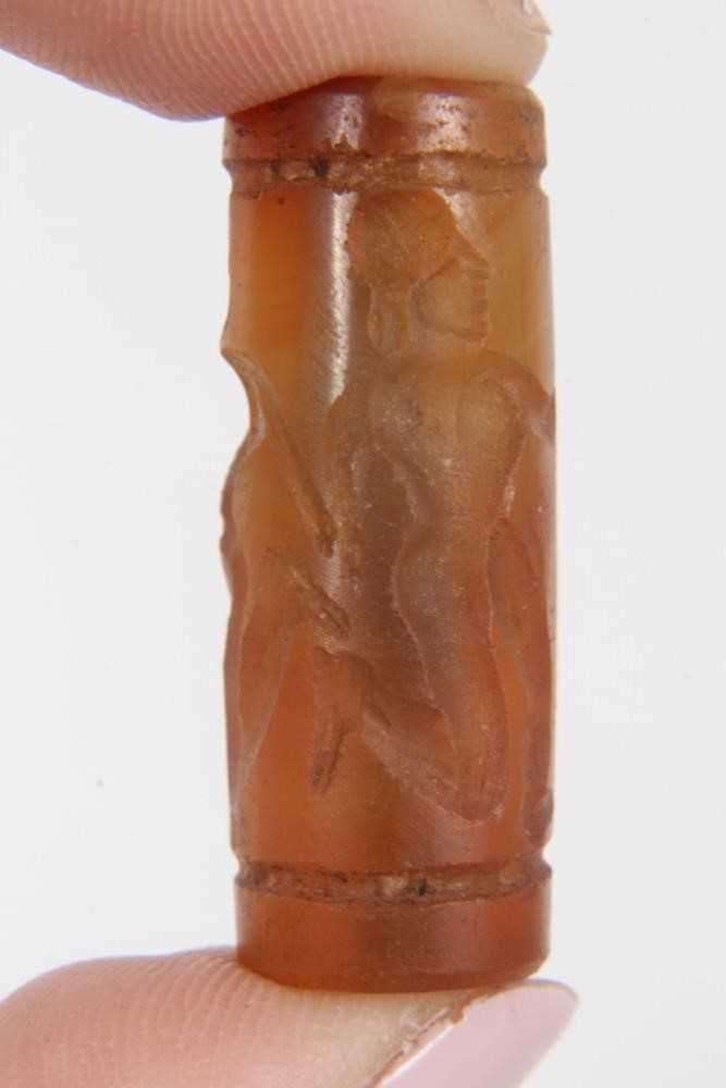 Ancient carved carnelian cylinder seal, Near Middle East, carved with figures, approximately 3.5cm l - Image 6 of 8