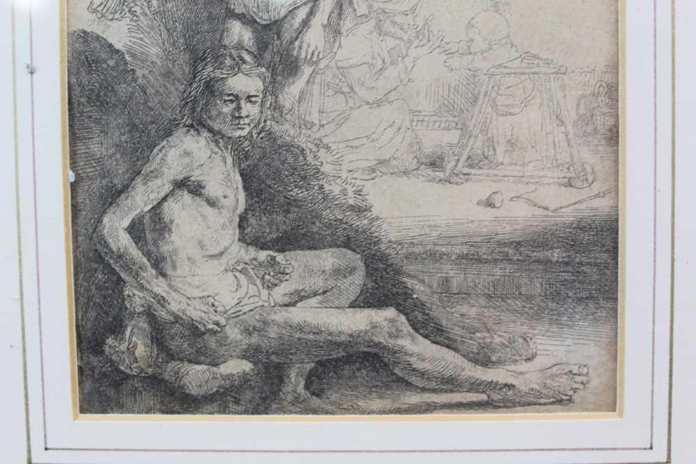 Rembrandt etching - two male nudes, a woman and baby in the background - Image 3 of 12