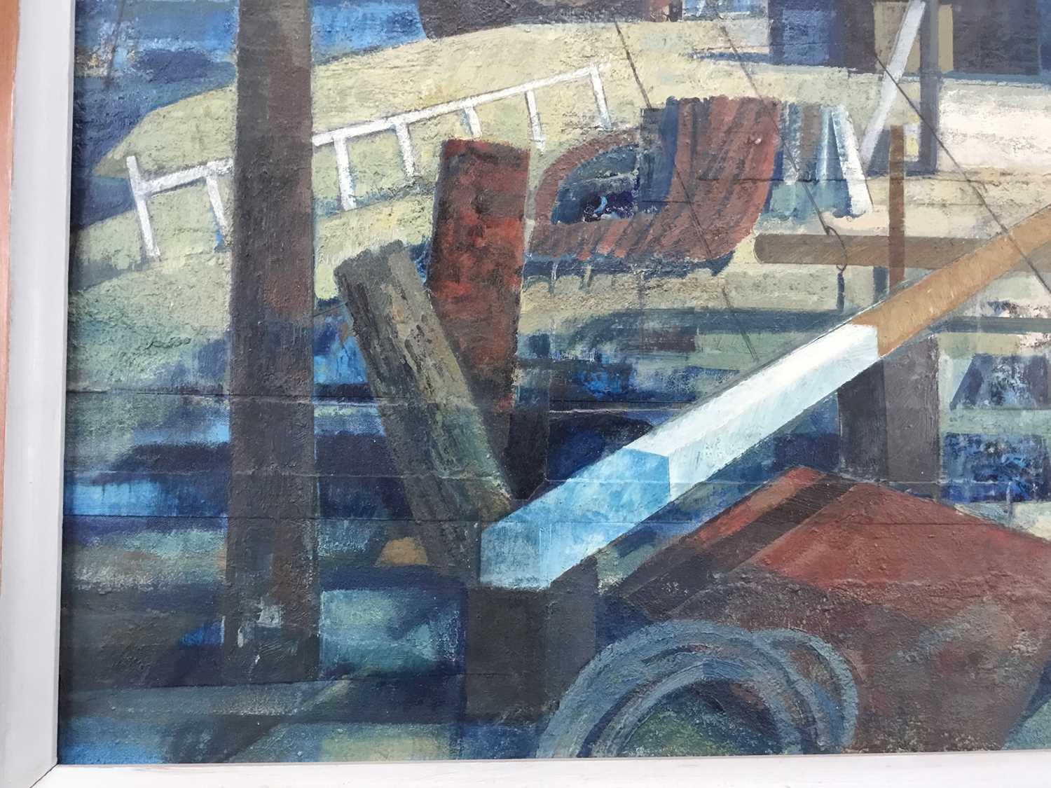 Henry Collins (1910-1994) oil and collage on board, Tollesbury harbour scene, signed and dated ‘87 - Image 2 of 19