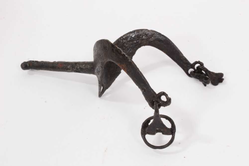 Two early iron spurs, together with a bronze handled knife and an iron axe head - Image 3 of 5