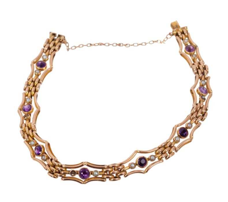 Edwardian 9ct rose gold amethyst and seed pearl bracelet