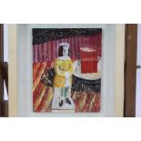 Jonathan Christie (1968-2013) mixed media on board - "Boy with Red Cup", 16cm x 13cm, in glazed fram