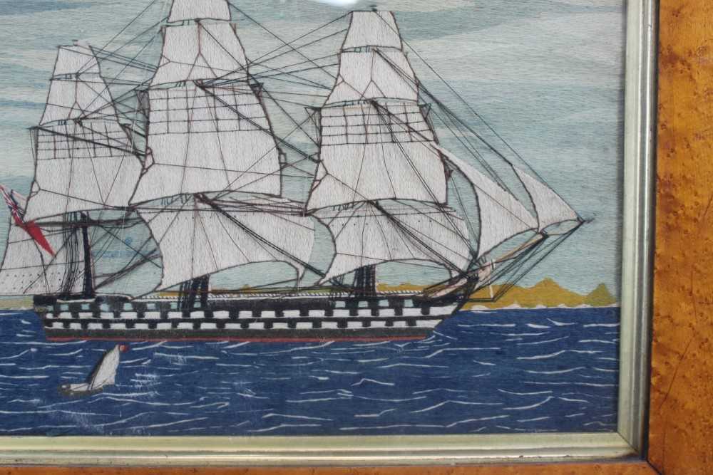 Good pair of 19th century sailor's woolworks of ships in maple frames, 51.5 x 65.5cm including frame - Image 10 of 17