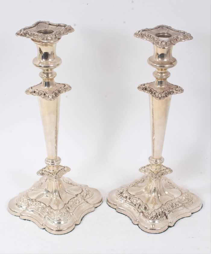 Pair silver plated candlesticks, with tapering conical stems,