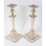 Pair silver plated candlesticks, with tapering conical stems,
