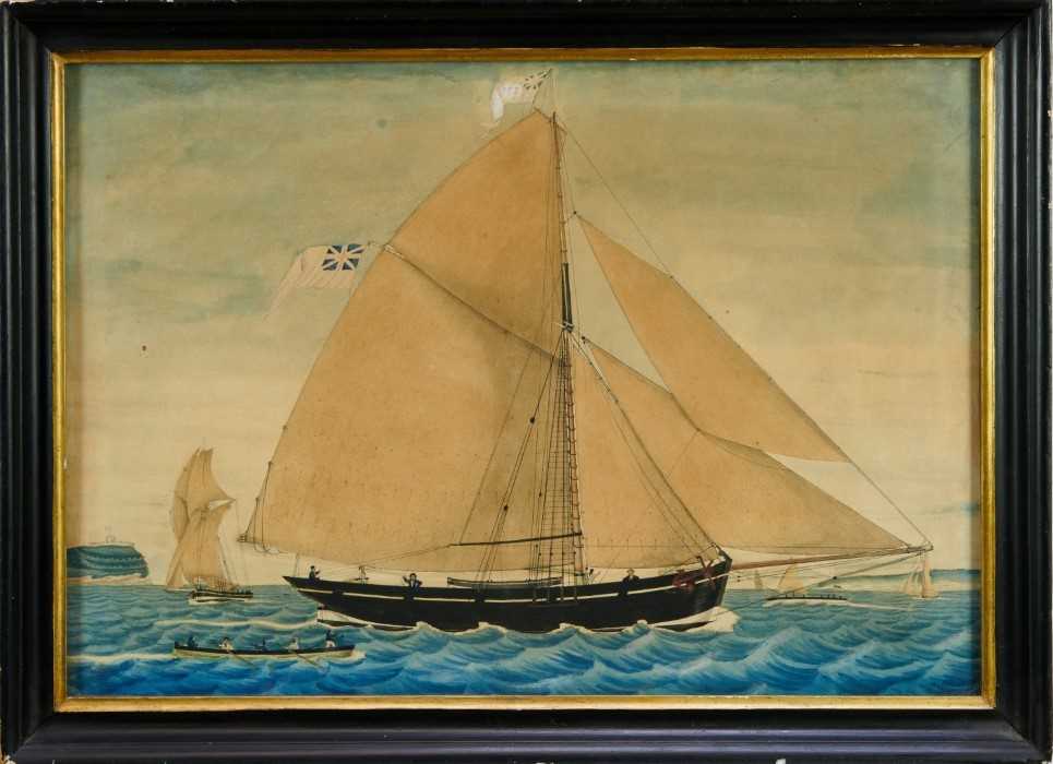 Mid 19th century ink and watercolour - Shipping off the Coast, 39cm x 56cm, in glazed gilt and eboni