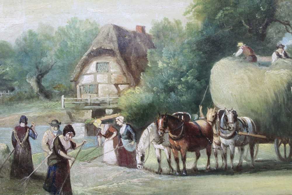 English School, 19th Century, A hay making scene with many villagers loading a horse drawn wagon, - Image 7 of 12