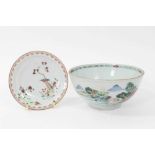 Chinese famille rose bowl and saucer, Qianlong period, the bowl decorated with landscape scenes, and