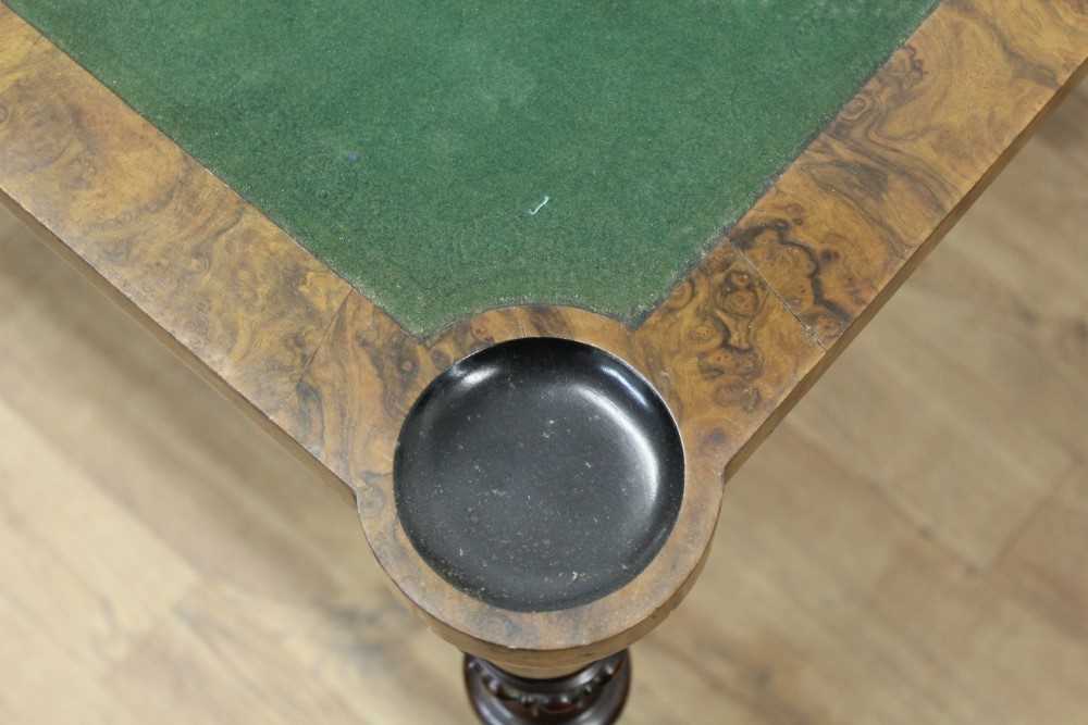 Rare Victorian burr walnut card table by Gillow & Co, rectangular fold over top with projecting angl - Image 7 of 10