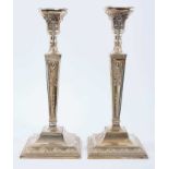 Pair late 1920s silver candles sticks in the Georgian style, with tapering columns