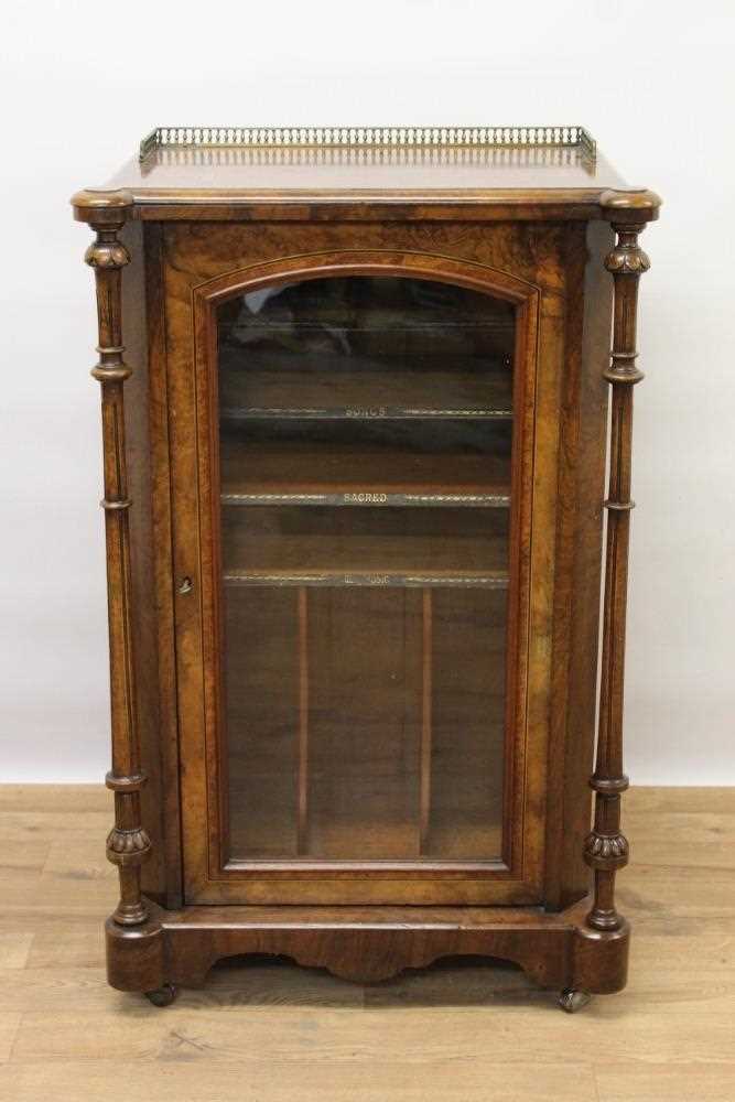 Victorian inlaid burr walnut veneered music cabinet with pierced gilded brass gallery, crossbanded t