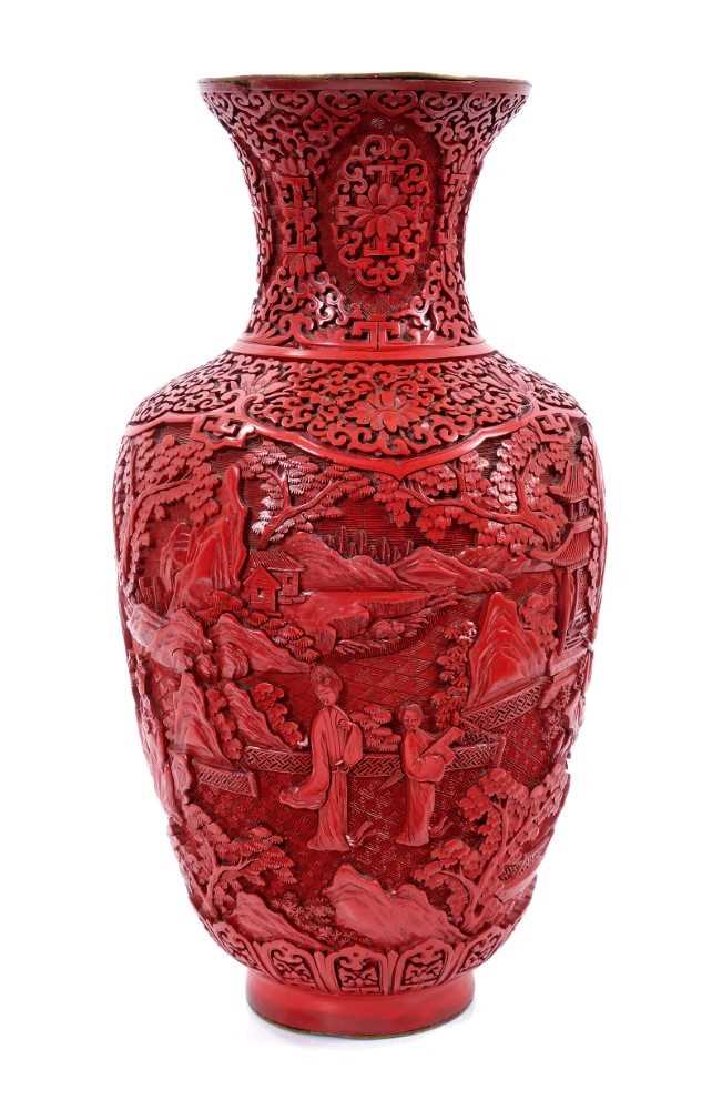 Antique Chinese red cinnabar lacquer vase with figure and tree decoration