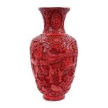 Antique Chinese red cinnabar lacquer vase with figure and tree decoration